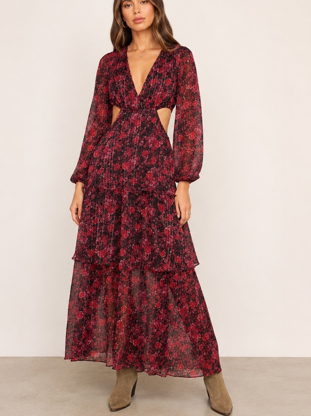 Haute Nites Floral Tiered Cutout Maxi Dress Small Flowy Fairy Party Going Out